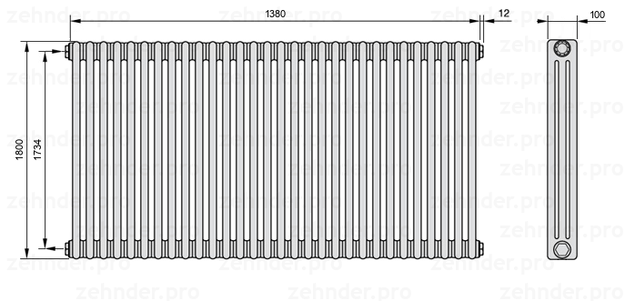 Схема (чертеж) Радиатор Zehnder Charleston 3180/30 №1270 Белый глянцевый RAL 9016